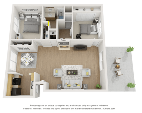 Floor plan for 2 beds, 2 baths, 775 sqft